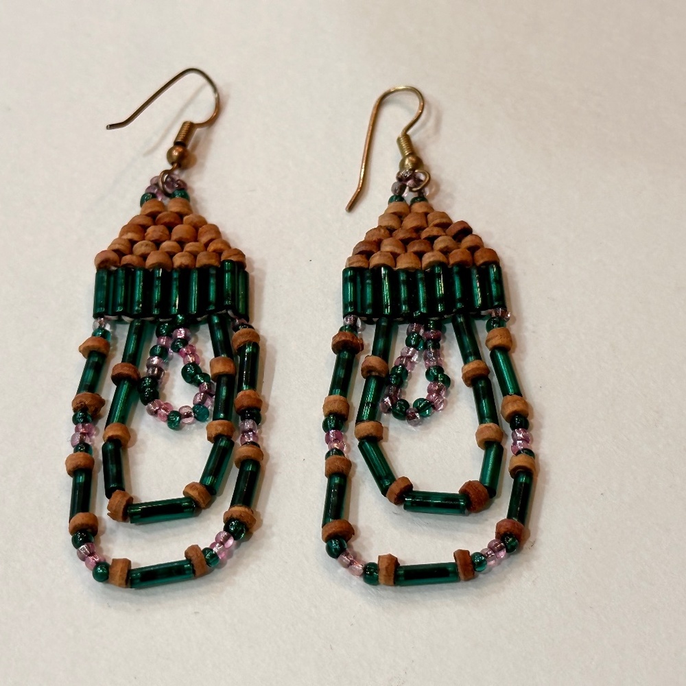 Handmade Cork and Glass Seed Bead Dandle Earrings